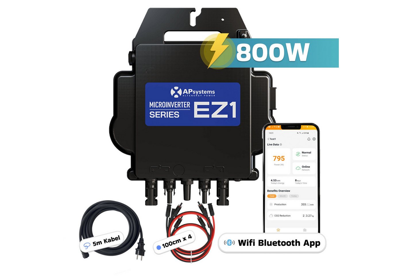 AP Systems Mikro-Wechselrichter 800 W EZ1-M-EU für Balkonkraftwerk, IP67 wetterfest, Plug&Play Installation, 2 MPPT, Bluetooth & WIFI, inkl.5m Anschlusskabel & 4x1m Solar-Verlängerungen Micro Inverter Bild 3