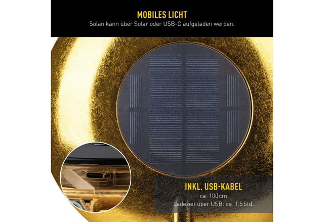 Näve 4in1 Akku-/Solar-/Tisch-/Hängeleuchte "SOLAN" H: 41,5cm gold