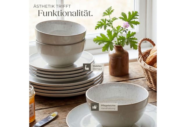 tectake® Tafelservice, für 6 Personen, handgefertigt, aus Steingut, mit Glasur, ineinander stapelbar