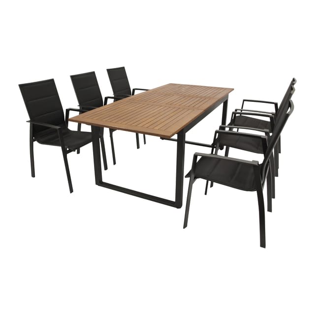 DEGAMO Garnitur RIVELLO 7-teilig, Alu + Akazie + Kunstgewebe schwarz