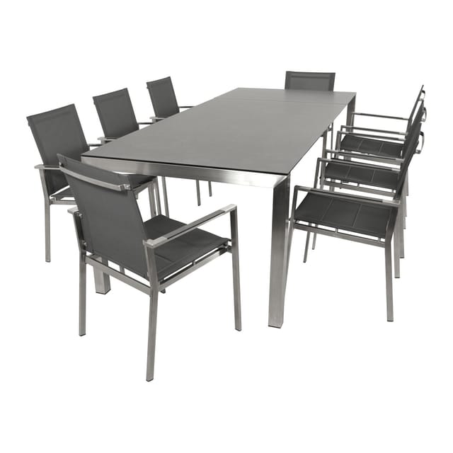 DEGAMO Garnitur SYDNEY 9-teilig, Edelstahl + Glas + Kunstgewebe grau
