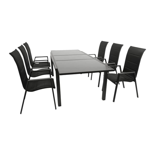 DEGAMO Garnitur TORINO 7-teilig, Alu + Glas + Kunstgewebe schwarz