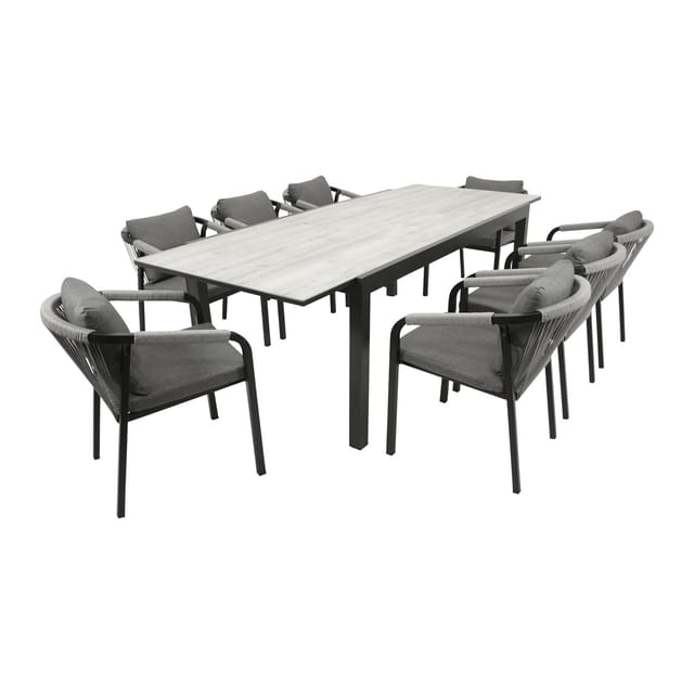 DEGAMO Garnitur FARO 9-teilig, Alu + Glas + Rope grau