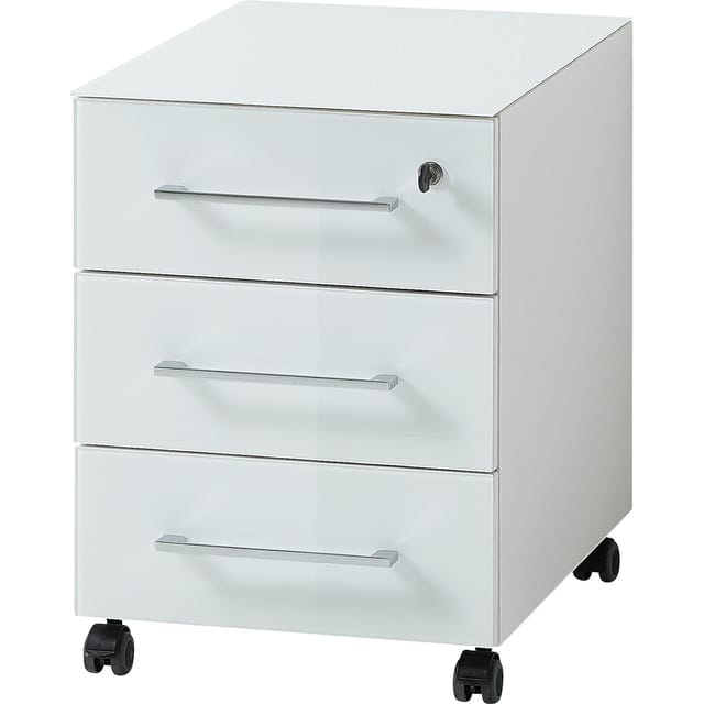 Rollcontainer 40x50x55 cm 3 Schubladen Soft-Close & Abschließbar Glasfront ESG Weiß Made in Germany Serie "Munchen" Kadima Design