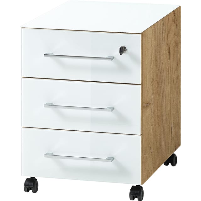 Rollcontainer 40x50x55 cm 3 Schubladen Soft-Close & Abschließbar Glasfront ESG Chalet-Eiche-Nb./Weiß Büro Homeoffice Made in Germany