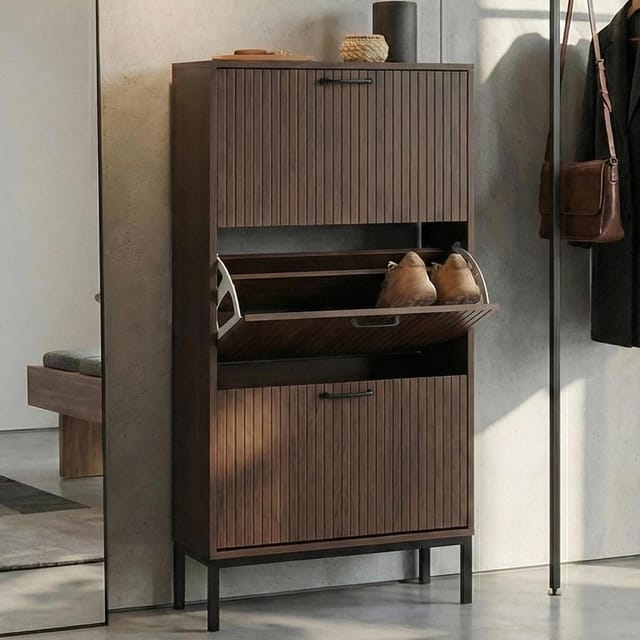 Schuhkipper MCW-P48, Schuhregal Schuhschrank, 3 Kippfächer Ablage MDF Melamin 125x60x25cm ~ Walnuss-Optik