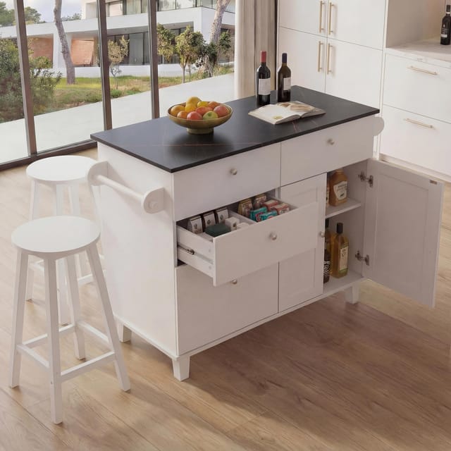 Kücheninsel MCW-P62 mit 2 Sitzhockern, Küchenschrank Schublade Staufächer MDF 90x131x47cm ~ weiß, Marmor-Optik schwarz