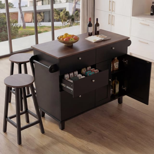 Kücheninsel MCW-P62 mit 2 Sitzhockern, Küchenschrank Schublade Staufächer MDF 90x131x47cm ~ schwarz, dunkles Holz