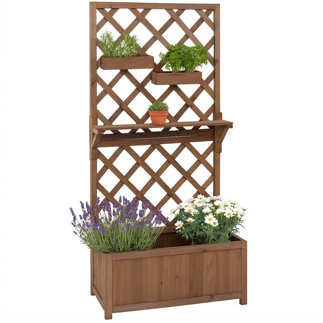 Hochbeet MCW-P68, Pflanz-/Blumenkasten Rankgitter Rankhilfe Ablage Hängekästen Holz MVG 135x70x30cm ~ braun