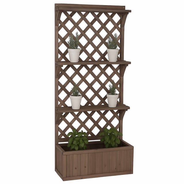 Hochbeet MCW-P69, Pflanz-/Blumenkasten Pflanzkübel Rankgitter Spalier Ablagefläche Holz MVG 177x77x33cm ~ braun