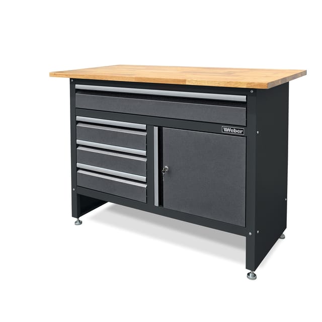 Weber Werkbank 120x60 cm mit Holzarbeitsplatte – stabile Werkstattbank mit Schubladen & abschließbarem Fach 300 kg Tragkraft