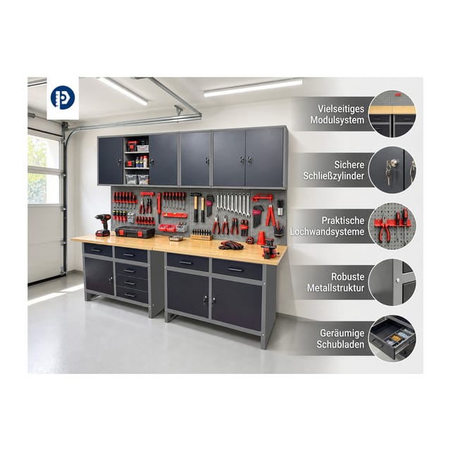 Prestige Works Werkstatt Set Metall 240cm Werkbank Werkzeugschrank