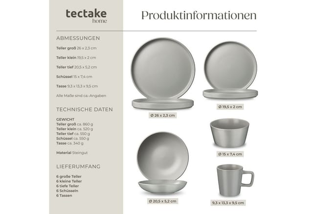 tectake® Küchenstarterset, Geschirrset aus Steingut, mit Glasur, hitzebeständig und kratzfest, inklusive Küchenwerkzeugen, Topfschonern und anklemmbaren Griffen
