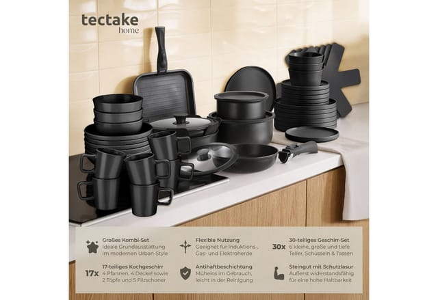 tectake® Küchenstarterset, Geschirrset aus Steingut, mit Glasur, hitzebeständig und kratzfest, inklusive Topfschonern und anklemmbaren Griffen