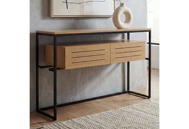 Konsolentisch MCW-P46, Telefontisch Beistelltisch Ablagetisch, Schublade Metall MDF Melamin 80x120x40cm ~ Bambus-Optik