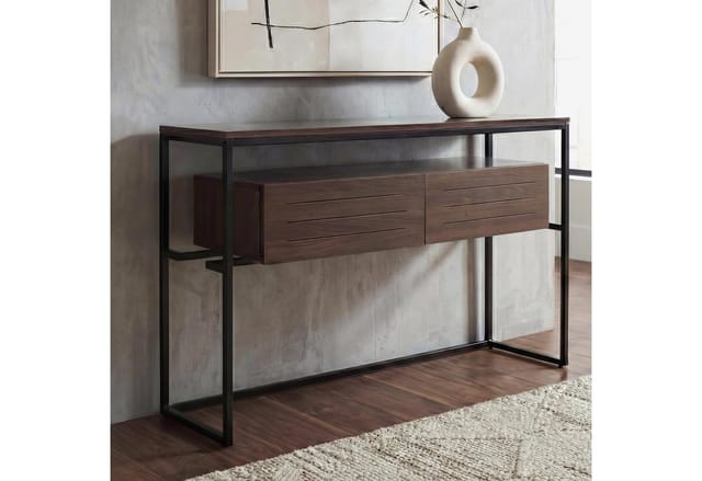 Konsolentisch MCW-P46, Telefontisch Beistelltisch Ablagetisch, Schublade Metall MDF Melamin 80x120x40cm ~ braun