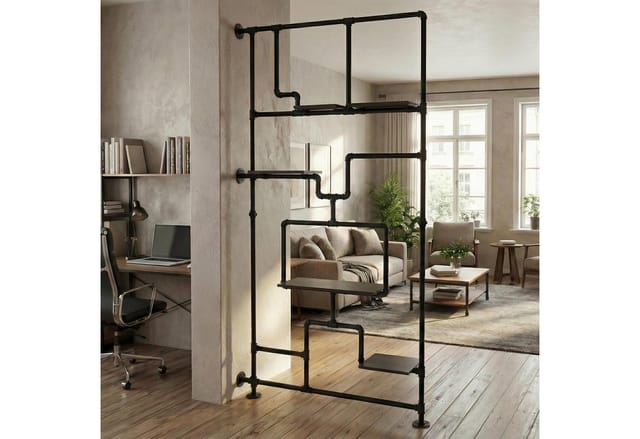 Raumteiler mit Regal MCW-P10, Wohnregal Ablageregal, Industrial Metall Melamin MVG 203x100x20cm ~ schwarz