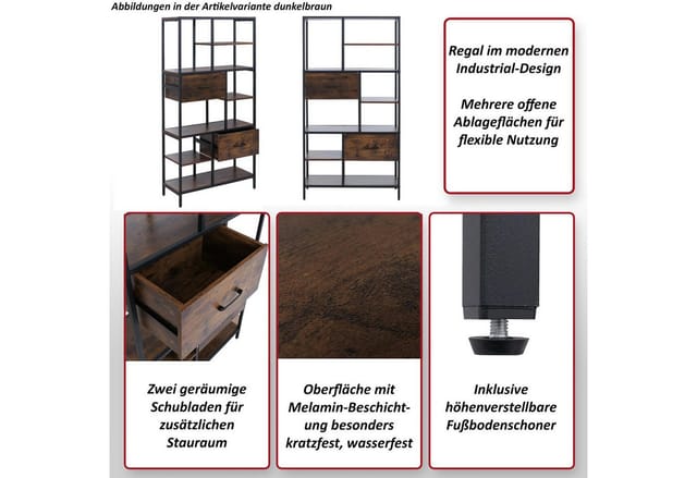Regal MCW-P11, Regalschrank Bücherregal Standregal, Schubladen Industrial MDF Metall Melamin 150x81x33cm ~ braun