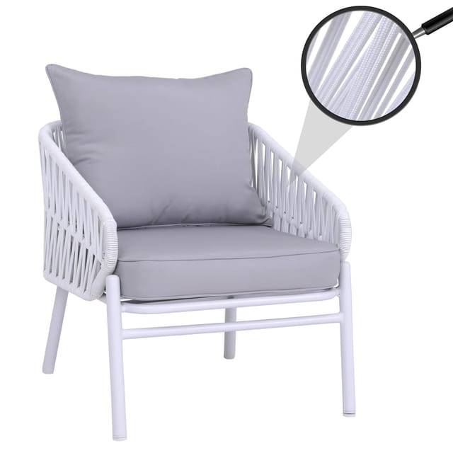 Aluminium-Gartenstuhl MCW-P90, Loungestuhl Sessel Outdoor, Seilgeflecht Rope Stoff/Textil (180g/m²) ~ hellgrau
