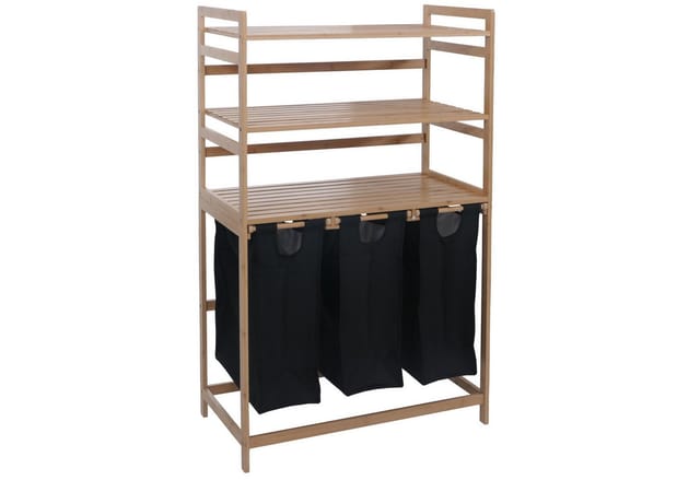 Bambus Wäschesammler MCW-P78, Wäschesortierer Wäschekorb Regal Wäscheorganizer, 3 Ablagen MVG 125x80x40cm 135L ~ schwarz