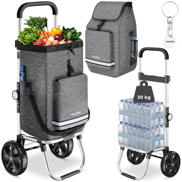 tectake® Einkaufstrolley, 3-in-1, Nutzung auch als Umhängetasche und Sackkarre, 45,5 l, längenverstellbarer Gurt, höhenverstellbarer und gepolsterter Griff, inkl. Kühltasche und leichtgängige Profilräder