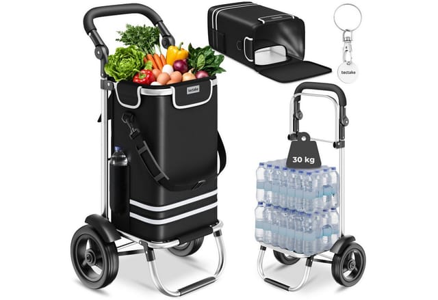 tectake® Einkaufstrolley, 3-in-1, Nutzung auch als Umhängetasche und Sackkarre, 40 l, längenverstellbarer Gurt, neigbarer und gepolsterter Griff, inkl. Kühltasche und leichtgängige Profilräder