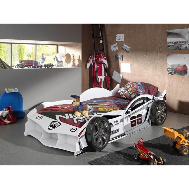 MAX Autobett 90x200 cm, inkl. Lattenrost, Ausf. MDF glänzend weiß lackiert mit Racing Motiven