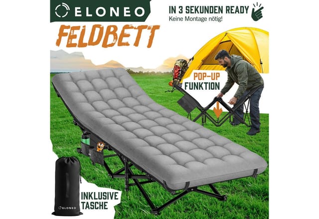 ELONEO Feldbett klappbar mit Premium Auflage, Campingliege bis 200kg belastbar, Grau