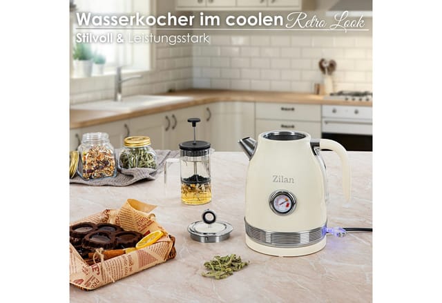 Zilan Retro Wasserkocher Edelstahl 1,7L kabellos mit 360° Basis 2200W Beige