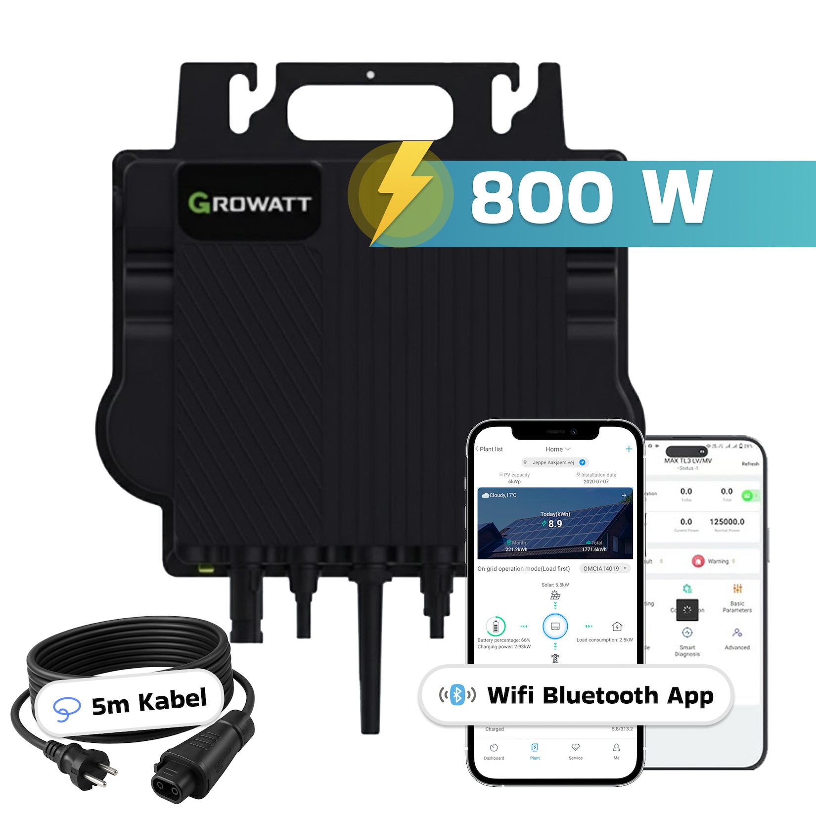 GROWATT Mikro-Wechselrichter 800 W NEO-800M-X für Balkonkraftwerk, IP67 wetterfest, Plug&Play Installation, 2 MPPT, WIFI Bluetooth, inkl.5m Anschlusskabel Micro Inverter