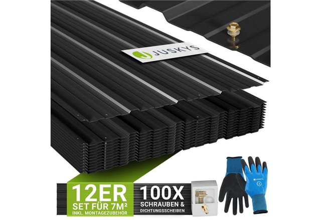 JUSKYS® Profilblech Anthrazit - 12er Set, 129x45 cm, 0,23 mm, verzinkter Stahl, UV-beständig, hohe Tragfähigkeit, mit vorgebohrten Löchern