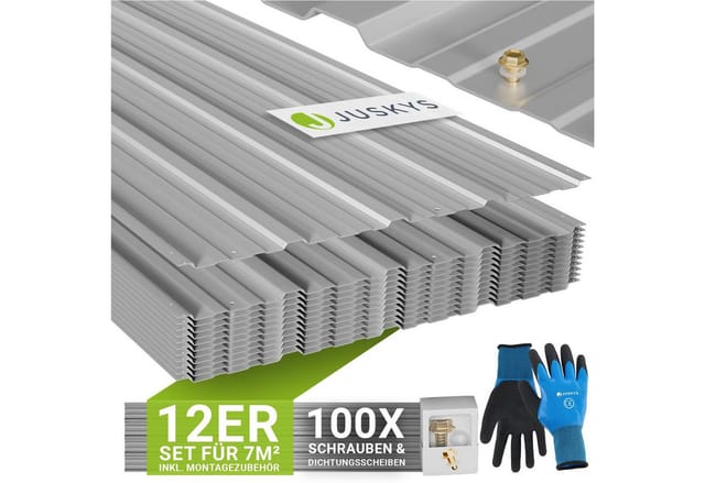 JUSKYS® Profilblech Grau - 12er Set, 129x45 cm, 0,23 mm, verzinkter Stahl, UV-beständig, hohe Tragfähigkeit, mit vorgebohrten Löchern