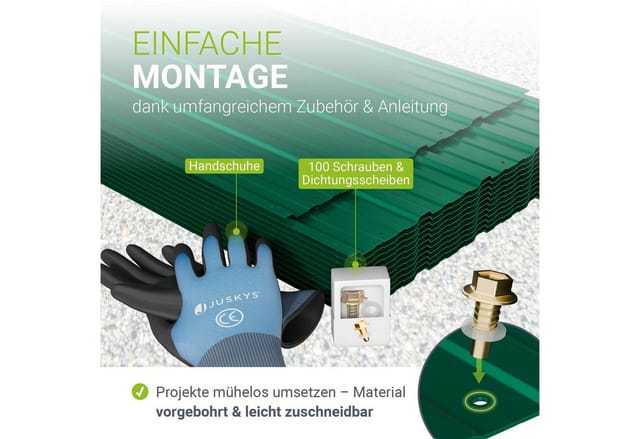 JUSKYS® Profilblech Grün - 12er Set, 129x45 cm, 0,23 mm, verzinkter Stahl, UV-beständig, hohe Tragfähigkeit, mit vorgebohrten Löchern