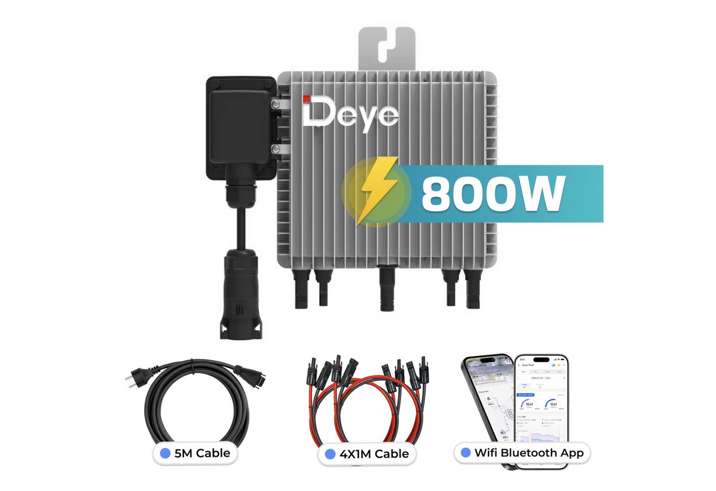 DEYE Mikro-Wechselrichter 800 W SUN-M80G4-EU-Q0 inkl. 5m Anschlusskabel und 4x1m Solarkabel für Balkonkraftwerk, IP67 wetterfest, Plug&Play Installation, 2 MPPT, WIFI, Micro Inverter
