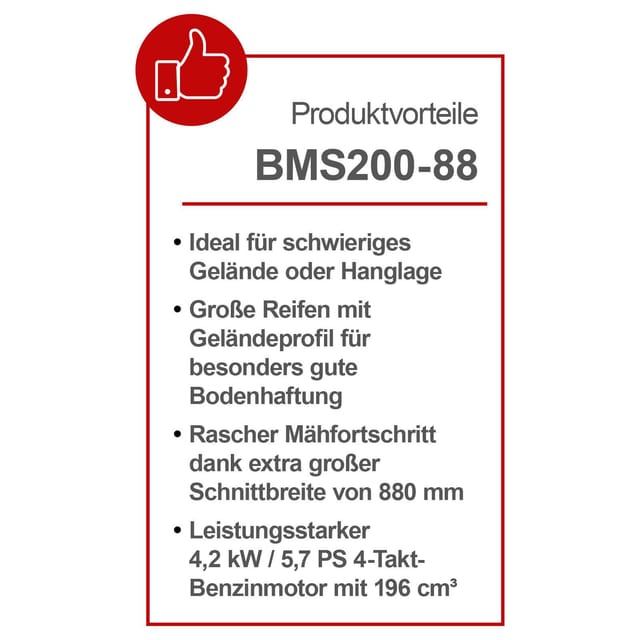Benzin Balkenmäher BMS200-88 Scheppach - 5,7PS | 880mm Schnittbreite | 30-60mm Schnitthöhe | Radantrieb | Flächen bis zu 3000m² | inkl. Motoröl