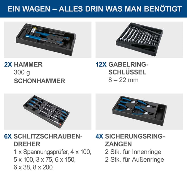 Werkstattwagen TW1000 Scheppach - 263-tlg. Werkzeug | abschließbar | 7 Schubladen | Räder mit Sperrfunktion | Soft-Grip Handgriffe