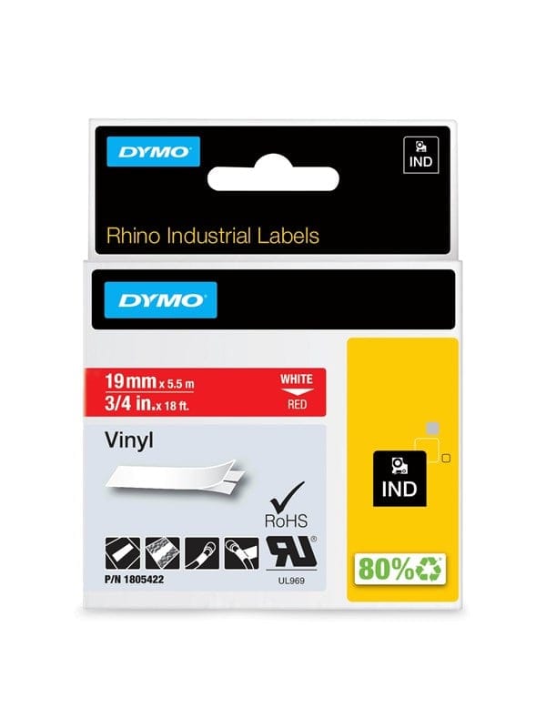 DYMO Rhino-Industrie-Vinyletiketten | 19 mm x 5,5 m | weiß auf rot | selbstklebendes Schriftband