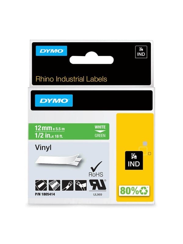 DYMO Rhino-Industrie-Vinyletiketten | 12 mm x 5,5 m | weiß auf grün | selbstklebendes Schriftband