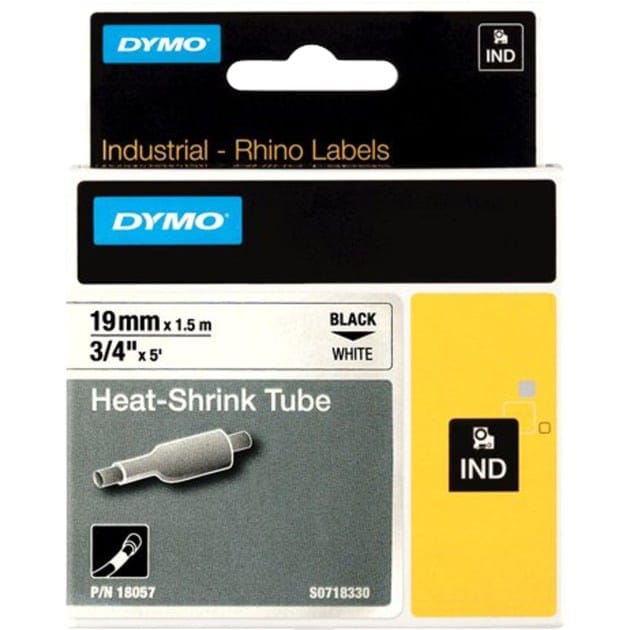 DYMO Rhino Industrie Schrumpfschlauch-Kabeletiketten | 19 mm x 1,5 m | schwarze Schrift auf weißem Untergrund