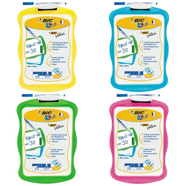 BIC Velleda Double-Sided Dry Erase Board (21 x 31 cm) Trocken abwischbare Tafel, doppelseitig, mit Whiteboard-Marker und Radierer - Farblich sortierte Rahmen, 1er Packung