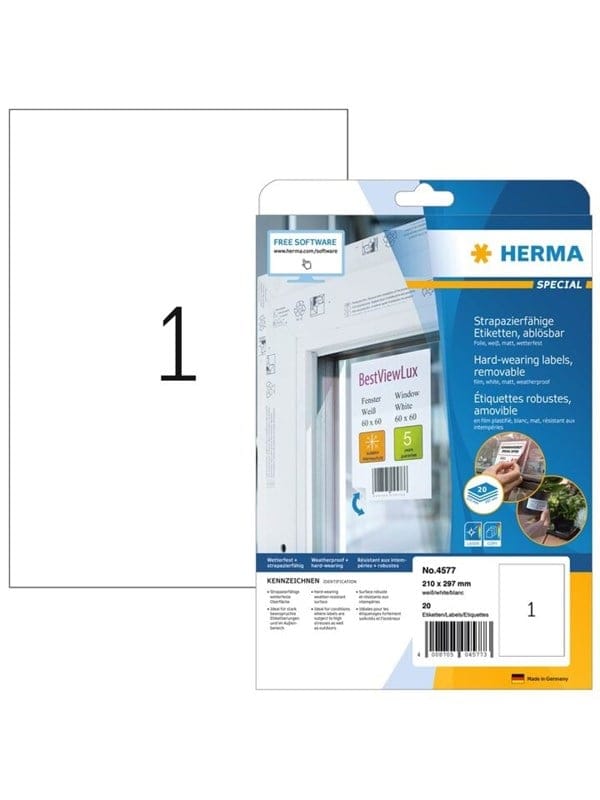 HERMA Wetterfeste Folien-Etiketten A4, 210 x 297 mm, weiß, wiederablösbar