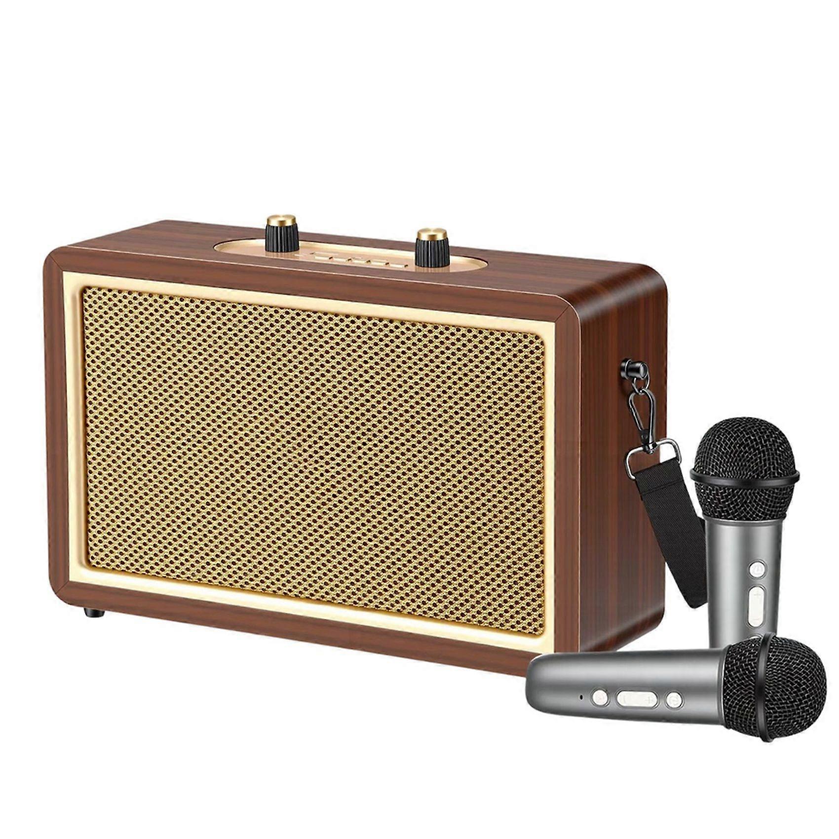Tragbarer Retro-bluetooth-lautsprecher Aus Holz Mit Mikrofon, Ideal Für Karaoke Im Freien. Kabelloses Vintage-stereo-audiosystem.
