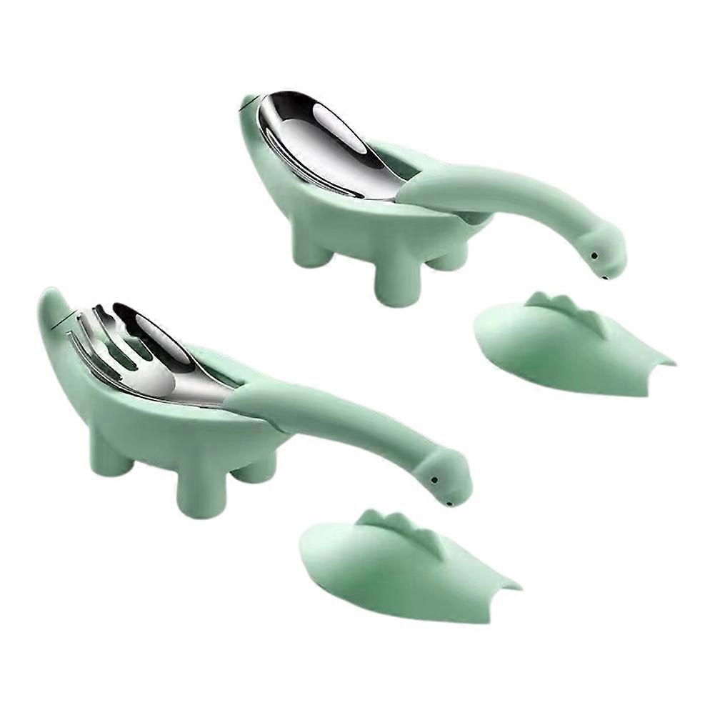 Grünes Edelstahl-besteckset In Form Eines Dinosauriers Für Babys (löffel Und Gabel), Cartoon-design.