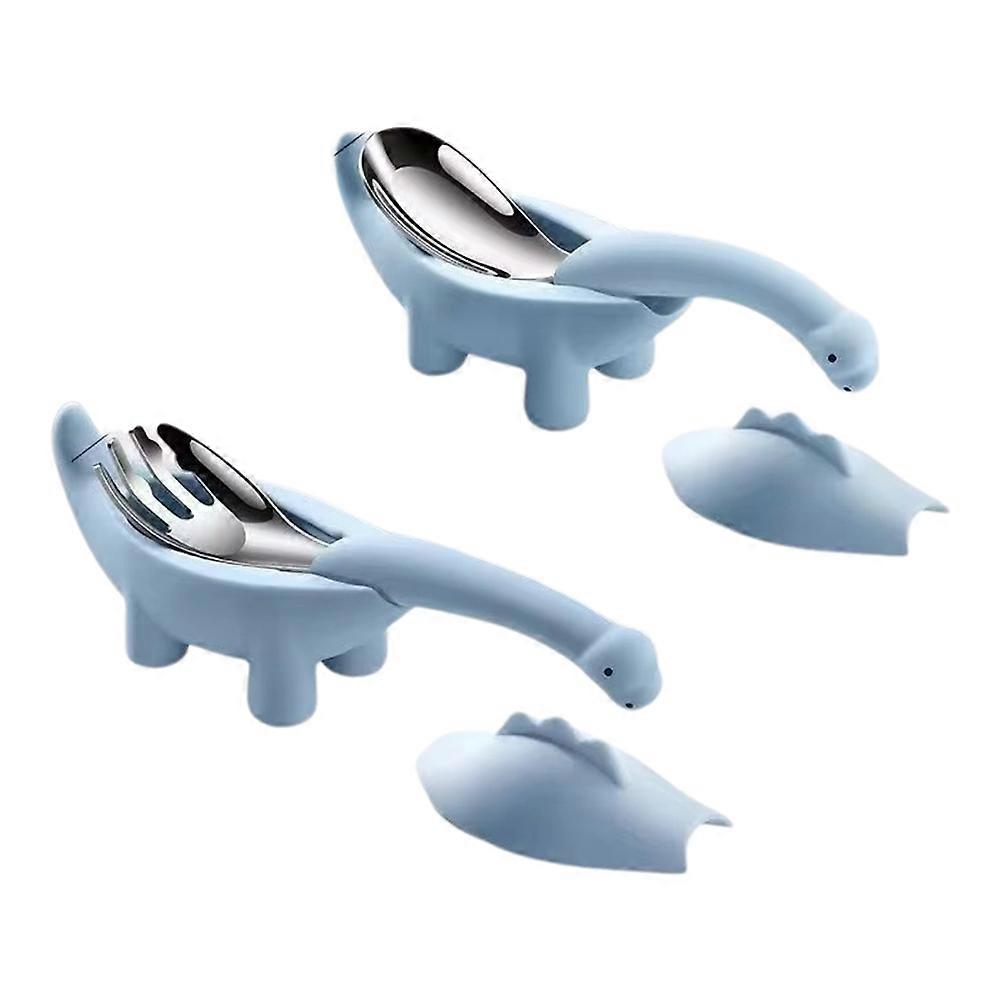 Blaues Babybesteck-set Aus Edelstahl, Bestehend Aus Einem Löffel Und Einer Gabel In Dinosaurierform, Mit Cartoon-muster, In Blauer Farbe.