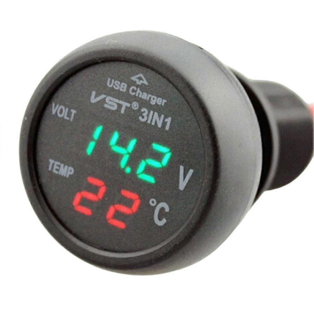 3-in-1 Kfz-voltmeter-tester, Digitalthermometer, Led-anzeige, 12/24 V, 2,1 A, Usb-zigarettenanzünder-ladegerät
