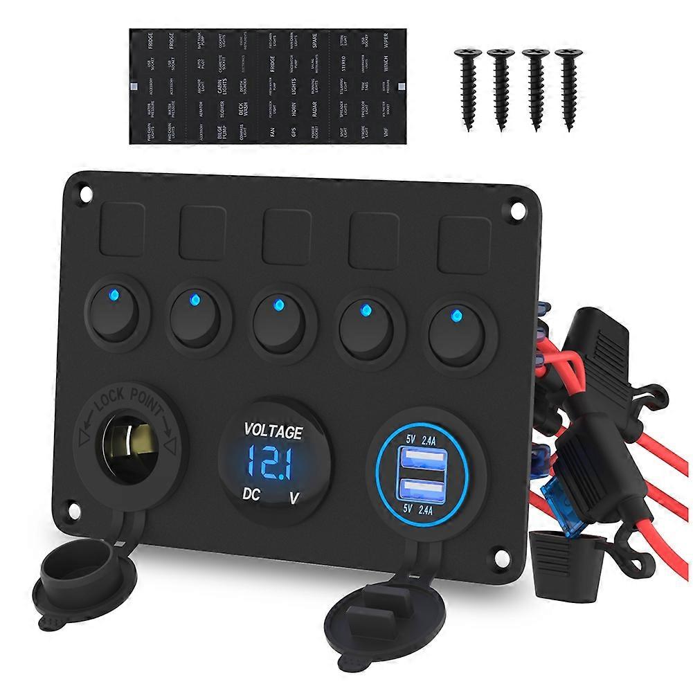 5-schalter-bootsbedienfeld Mit Blauer Led, Wasserdichter 12-v-steckdose Und Zwei Usb-anschlüssen Für Auto Und Boot