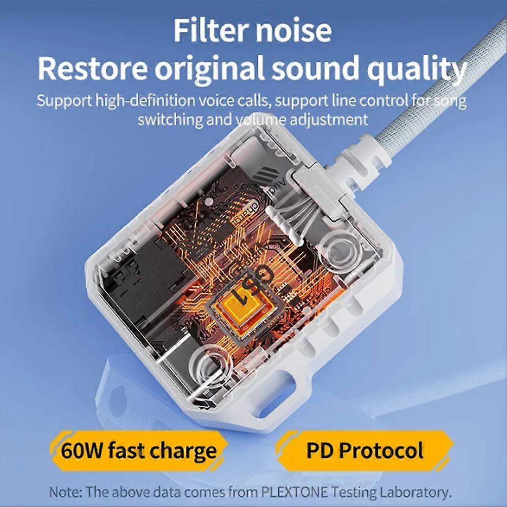 Plextone Gs1 2-in-1 Kopfhörer-konverter, Typ-c-schnittstelle, 60-w-schnellladefunktion, Kompatibel Mit Type-c+type-c-telefonen Und -tablets