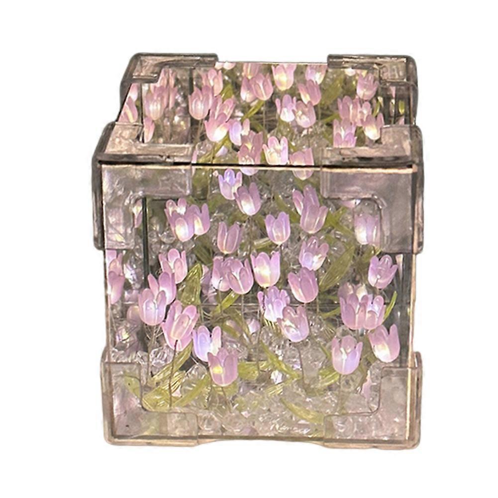 Diy-tulpen-spiegelwürfellampe, Handgefertigte Miniatur-tulpen-nachttischlampe, Lila Geschenk