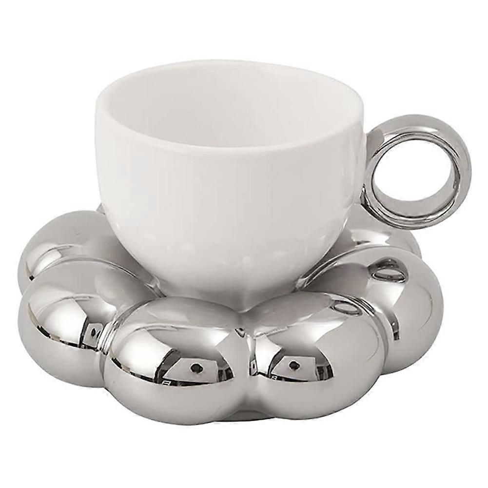 Kaffeetassen- Und Untertassenset Mit Blumenmuster. Keramiktasse Mit Sonnenblumen-untertasse. Silberne Latte-tassen (200 Ml).