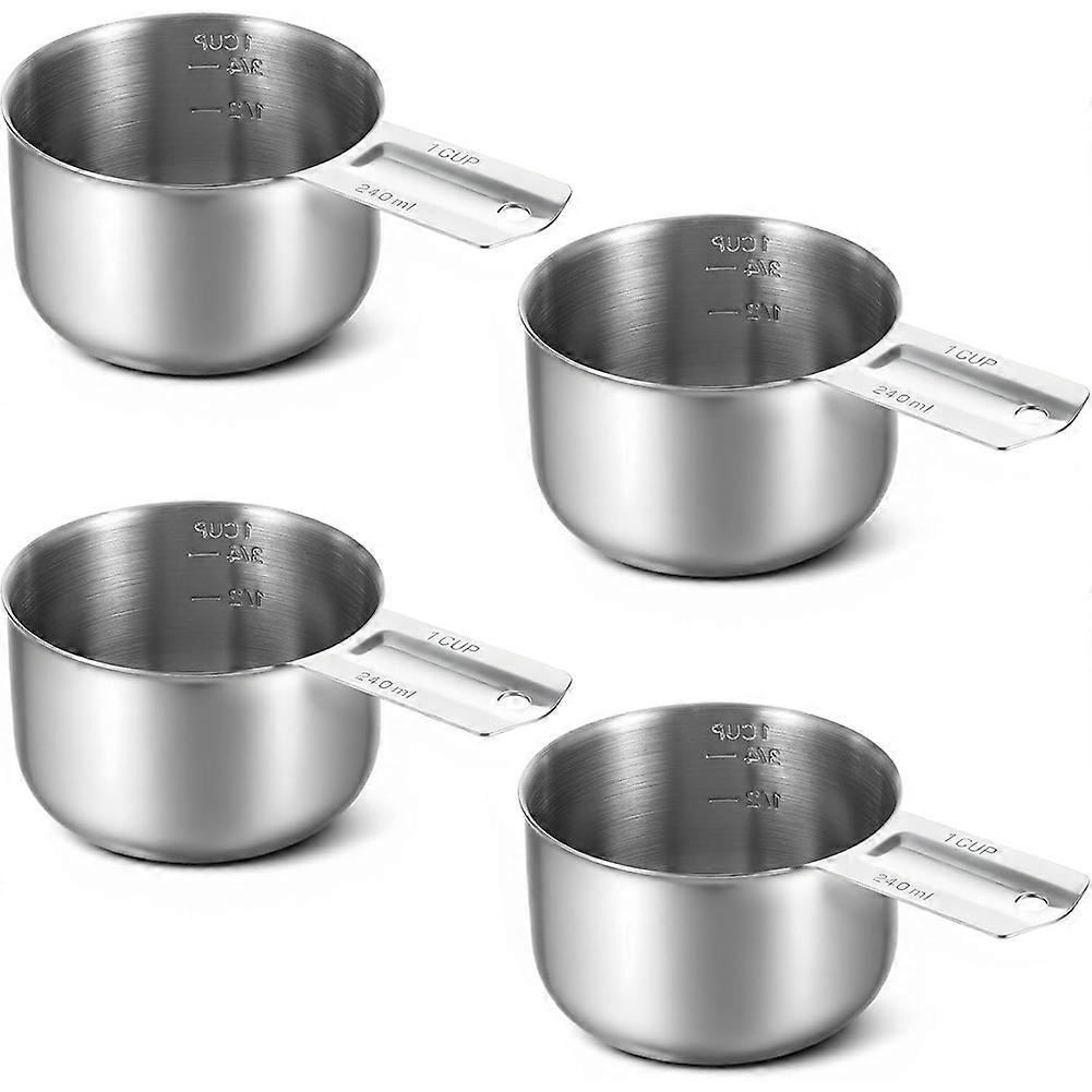 Set Aus 4 Messbechern (250 Ml, 1 Tasse) Aus Edelstahl 304 Mit Stabilen Griffen Und Messlöffeln Für Die Küche.